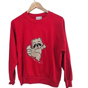 Vintage Racoon Sweater Women Lg Red Skateboard Skater Cottage Preppy Whimsical